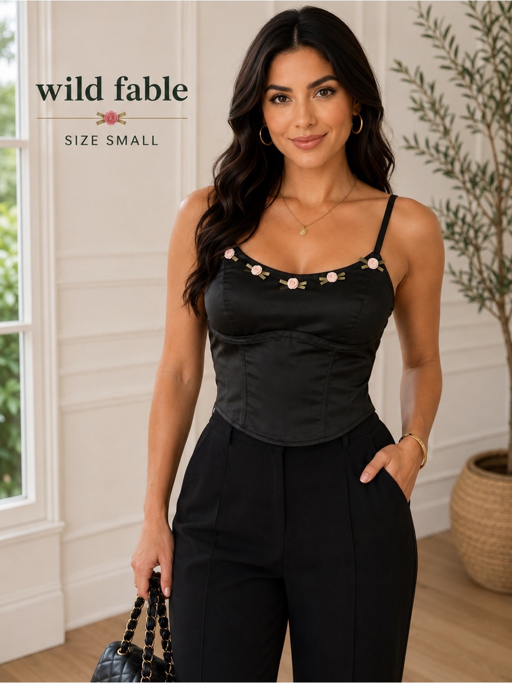 Wild Fable Black Satin Corset Cami Top Rose Trim NWT Size Small